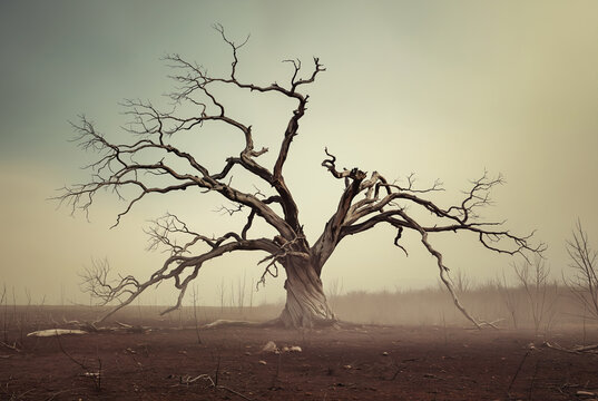 Generated artificial photo-realistic illustration of a dead or dying tree in the middle of a desolate misty landscape background.