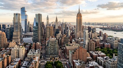 Fototapeta premium Aerial skyline view of New York City featuring the iconic Empire State Building and surrounding modern skyscrapers at sunset. Urban cityscape of Manhattan showing architecture, business district atmos