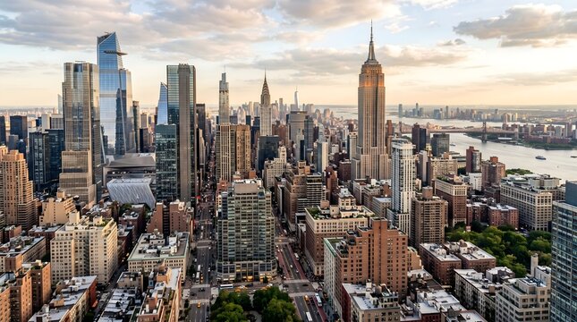 Aerial skyline view of New York City featuring the iconic Empire State Building and surrounding modern skyscrapers at sunset. Urban cityscape of Manhattan showing architecture, business district atmos