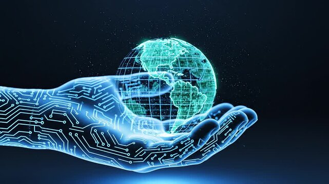 "Digitally rendered hand of glowing blue circuitry holding holographic Earth, symbolizing technology, global connectivity, and the integration of digital systems with the physical world."