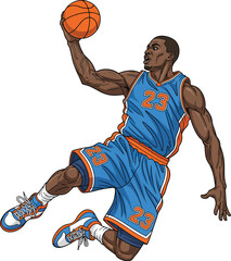 Illustration of a professional basketball player performing a powerful slam dunk. © Alisya Design