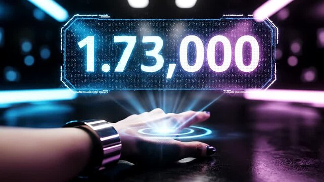 A futuristic hand with a metallic cuff reaches out to touch a glowing blue light