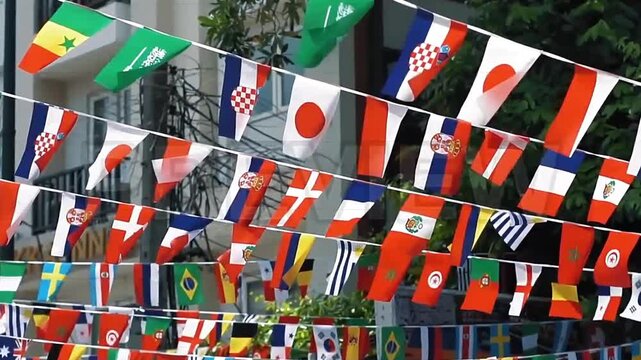 A vibrant and extensive collection of international flags from diverse nations, elegantly strung together outdoors, symbolizing global unity, cultural exchange, and festive gatherings