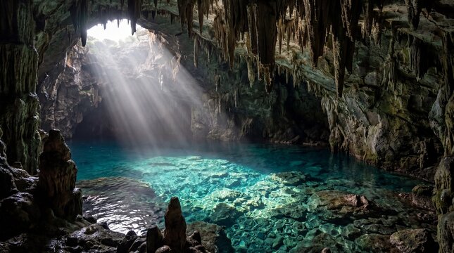 sunlit underwater cave with turquoise water and rocky formations