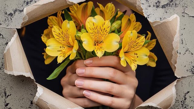 Hands holding yellow alstroemeria flowers through torn paper background.