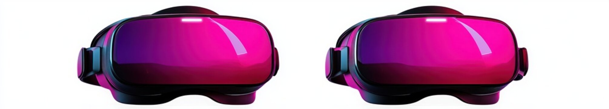 two glossy magenta virtual reality headsets side by side on white background conveying futuristic excitement and immersive experience