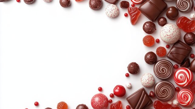 assorted chocolates, truffles and red candies arranged around a white space with a festive, cheerful mood