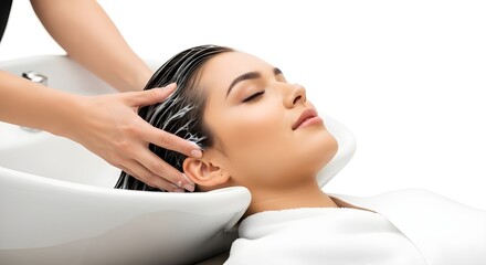 Obraz premium Woman receiving shampoo treatment at salon with hands massaging her hair.