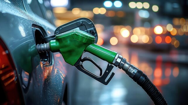 Close-up of green fuel nozzle inserted into a car fuel filler at a wet urban gas station at night with warm bokeh lights, evoking convenience and readiness