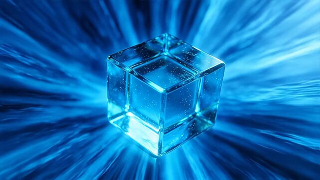 Transparent cube with refracted light and particles on purple radial background