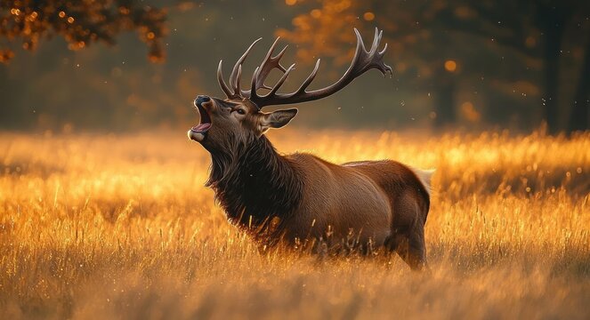 Majestic elk stag bugling with spread antlers in tall golden grass at sunset, proud and powerful in warm autumn light