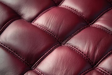 Fototapeta premium close-up of quilted burgundy leather upholstery with stitched tufted squares conveying luxurious cozy comfort