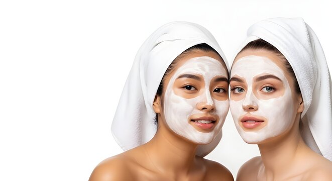Two young women with facial masks and towels on their heads smiling