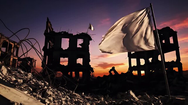 White Flag in Ruins at Dusk - A white flag waves amidst the debris and ruined buildings, silhouetted against a vivid dusk sky. The scene evokes a sense of desolation and aftermath.