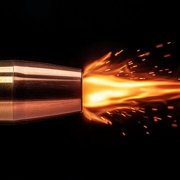 Close-up of a copper projectile exiting a barrel with bright orange muzzle flash and flying sparks, intense explosive motion