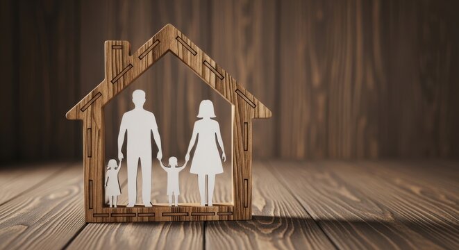 A wooden house model with a family of four inside it