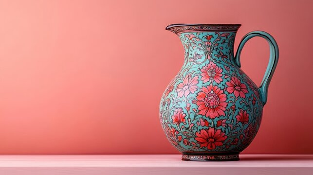 ornate turquoise ceramic pitcher with red floral pattern and handle on pink shelf against coral background, elegant and cheerful still life