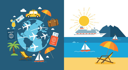 World Travel and Summer Beach Vacation Flat Vector Illustration with Globe, Airplane, Cruise Ship, Sailboat, and Tropical Holiday Elements © munzuara