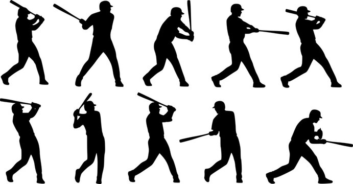 set of silhouettes of baseball player swinging the bat with different pose, gesture. batter. isolated on white background. vector illustration.
