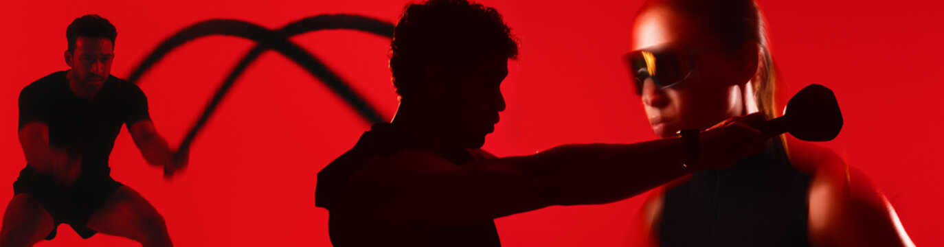 Banner, collage and exercise in studio for fitness with kettlebell, battle rope or strength training. People, montage and workout equipment for health, muscle development and power on red background