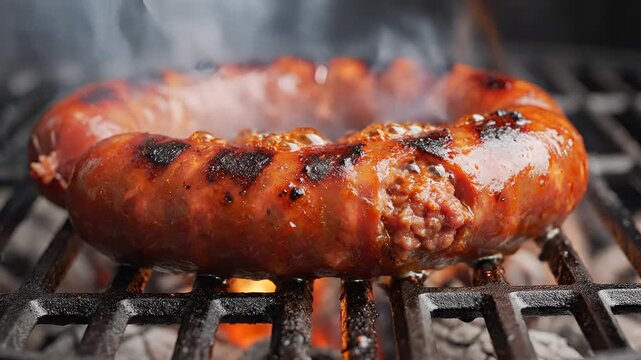 Closeup of a delicious sausage cooking on a hot grill with flames.