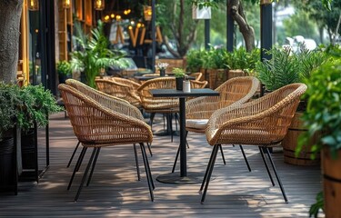 Fototapeta premium empty outdoor cafe terrace with wicker rattan chairs around black metal tables on a wooden deck surrounded by potted plants and warm inviting lights, cozy and relaxed