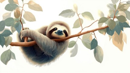 Fototapeta premium content sloth hanging from a leafy branch with a peaceful smiling expression