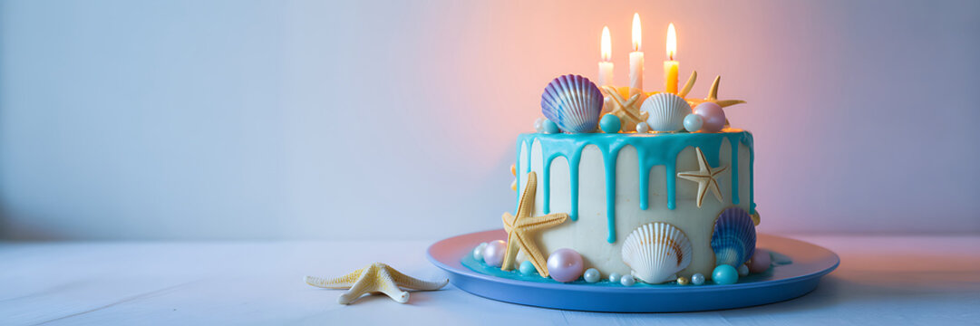 A blue and white birthday cake decorated with seashells starfish and lit candles on a white table