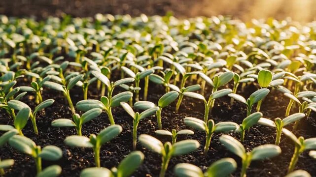 Close-up view of numerous small green seedlings sprouting from dark soil under warm sunlight, symbolizing new growth and agriculture.