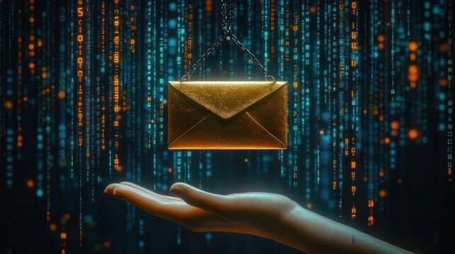 golden envelope suspended by chains above an outstretched hand with falling blue and orange digital code, futuristic mood of anticipation and secure communication