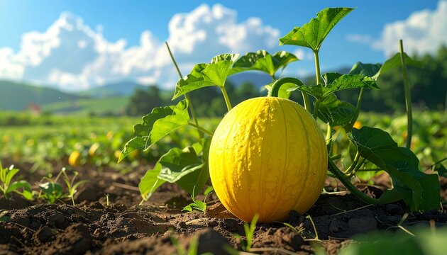 Bright yellow pumpkin growing in field with green leaves under blue sky.