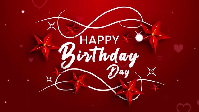Text happy birthday against the red background of falling blank sequins and inflatable glitter with particles love falling, beautiful typography birthday design. 4K
