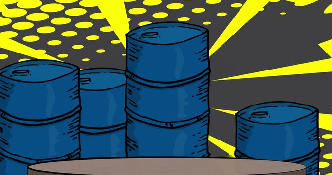 Comic Book Product podium stage animation for presentation with Oil Barrel. Retro comics background video.