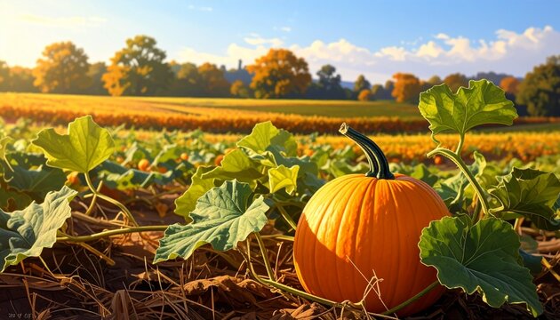 Bright orange pumpkin in sunlit field with green vines and farmland horizon.