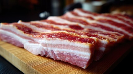 Obraz premium Freshly Cut Raw Pork Belly on a Bamboo Cutting Board Perfect for Culinary Preparation in a Kitchen Setting