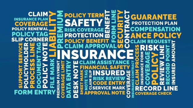 Vibrant Block Insurance Word Cloud Animation Shameless Loop. Insurance Kinetic Typography Colorful Policy Coverage Theme