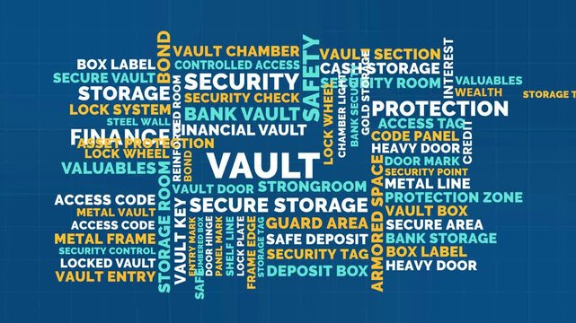 Vibrant Block Layout Vault Word Cloud Animation Shameless Loop. Vault Kinetic Typography Colorful Security Finance Theme