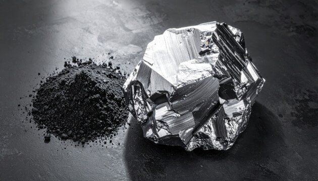 A large, raw chunk of metallic graphite mineral next to a pile of its fine powder, showcasing its characteristic sheen and texture