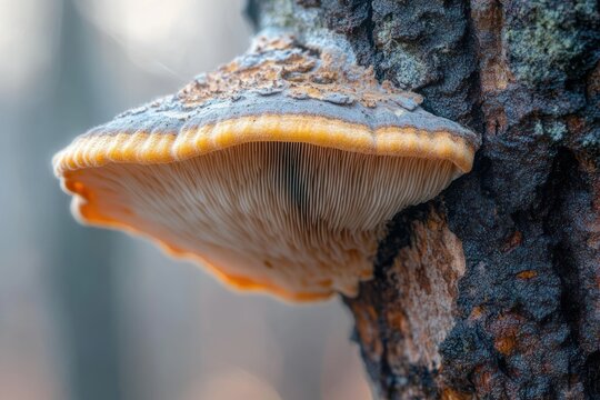 close-up of a golden-edged shelf fungus with delicate gills attached to textured tree bark, tranquil moist forest mood
