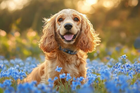 happy golden spaniel sitting in a sunlit field of blue wildflowers with a joyful expression