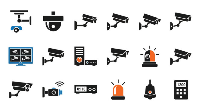 Comprehensive Collection of Security Camera and Surveillance System Icons.