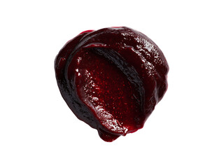 Obraz premium A dollop of dark red jam with visible fruit seeds and a glossy sheen is isolated on a plain white background, showcasing its texture and rich color.