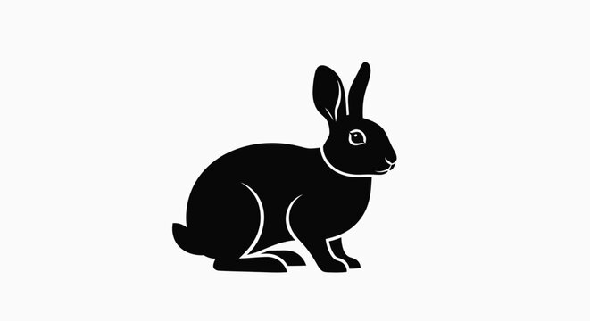 Solid black silhouette of a fluffy bunny rabbit sitting side profile view.