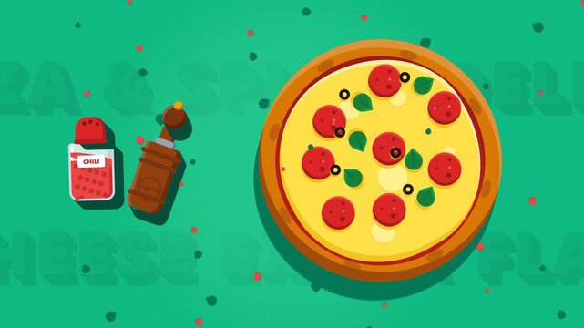 Flat Design Pepperoni Pizza Illustration with Chili Flakes and Pepper Grinder on Green Background for Food Service Marketing