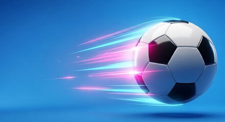 Naklejka premium Dynamic soccer ball in motion with vibrant light trails against a bright blue background, capturing energy and speed in sports