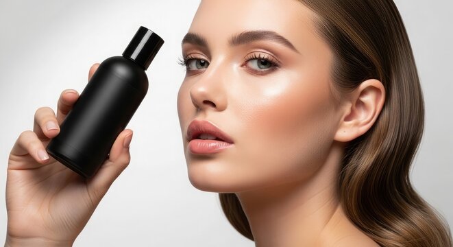 Radiant beauty a woman showcasing a sleek black cosmetic spray bottle for flawless skin and makeup application