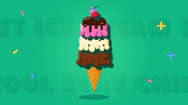 Colorful Three Scoop Ice Cream Cone with Chocolate Topping and Cherry Cartoon Vector Illustration