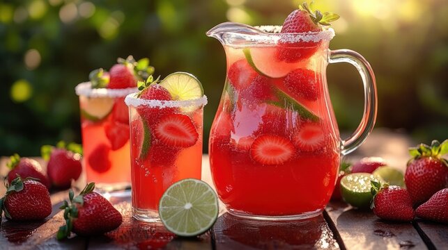 Refreshing strawberry and lime pitcher with two rimmed glasses, fresh strawberries and lime on a sunlit wooden table, bright summery mood