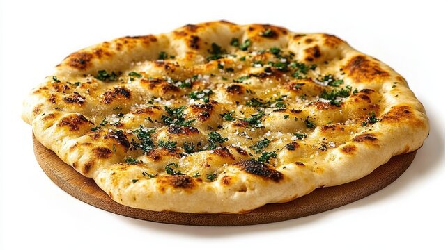 Rustic garlic flatbread with charred golden crust sprinkled with parsley and grated cheese on a wooden board, warm and inviting