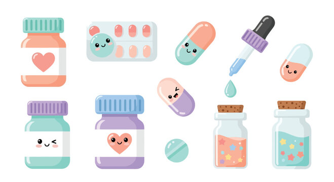 Cute Smiling Medicine Bottles With Faces Collection.